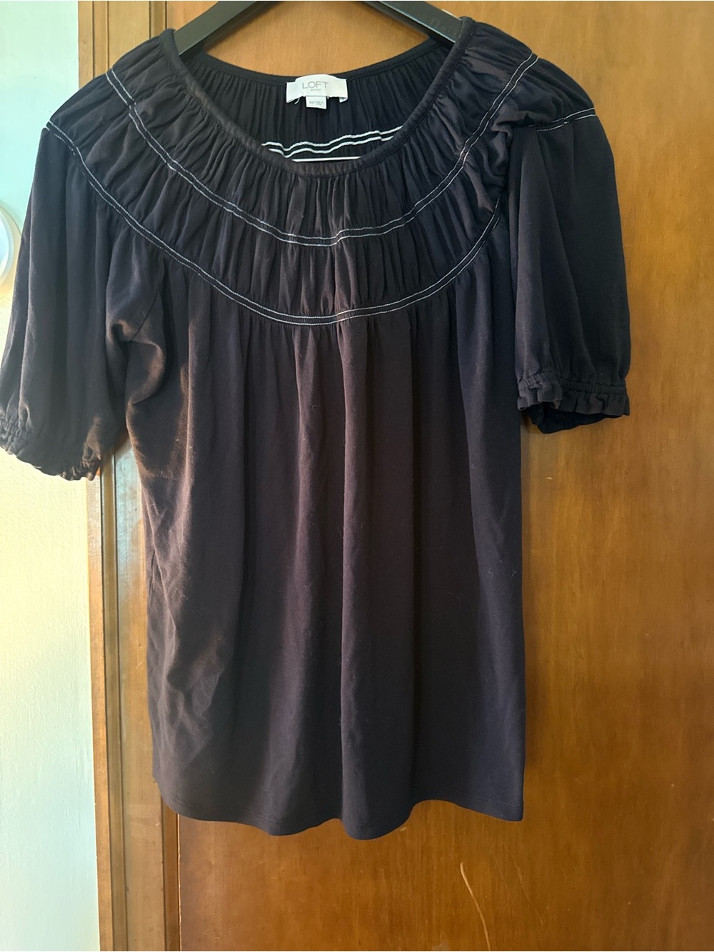 LOFT Navy Gathered Yoke Short Sleeve Top